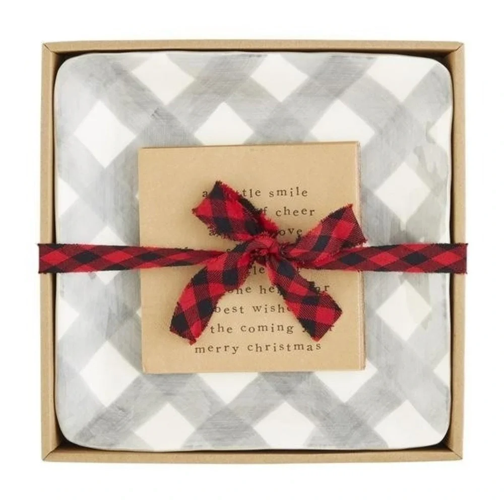 New Mud Pie holiday Gray Buffalo Plaid Cheese Plate Set in original packaging